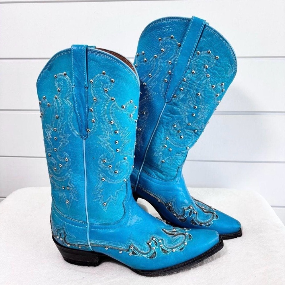 Blue Studded Embroidered Leather Western Boots